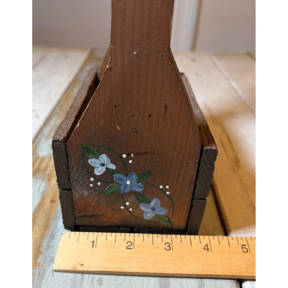 Vintage Handmade Wooden Carrier Folk Art Hand Painted Flowers Cottage Farm Decor
